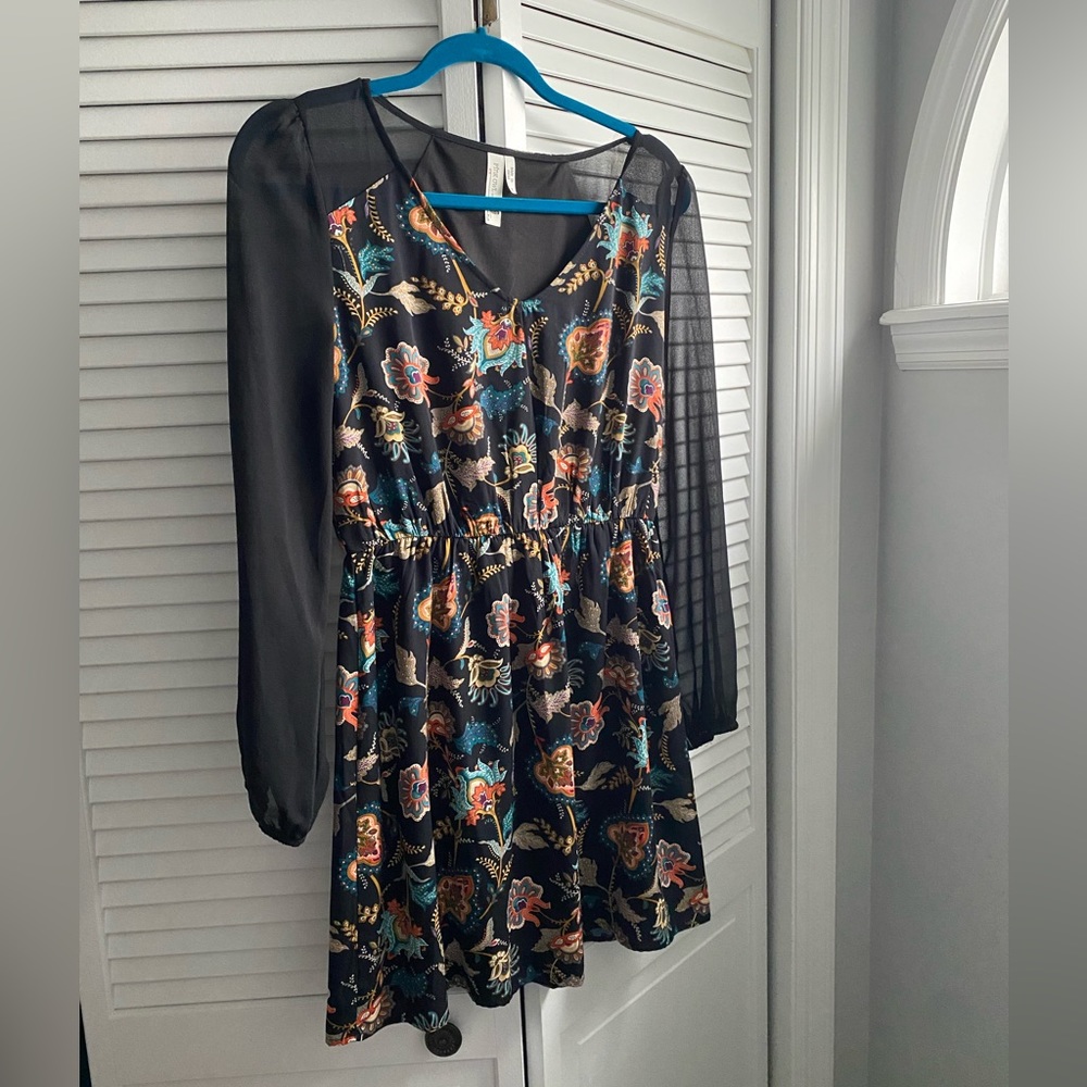 Pink Owl Black Floral Print Long Sleeve Mini Dress
